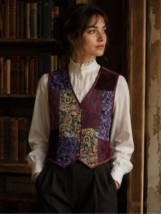 Tantrums Jackets & Blazers - Vintage TanTrums Patchwork Tapestry Vest Burgundy Floral Dark Academia Size Med